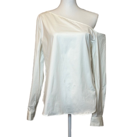 Theory White Crisp Ulrika One-Shoulder Asymmetric Shoulders Blouse Size Medium - Picture 2 of 9